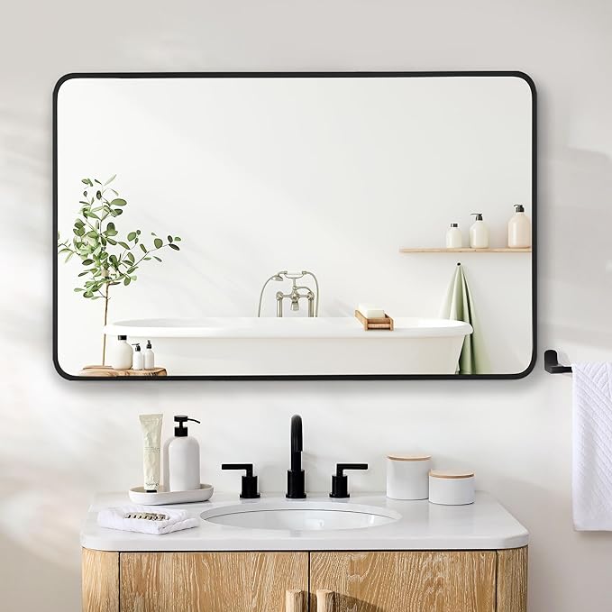 27x40 Inch Rectangle Bathroom Mirror with Black Metal Frame, Rounded Corner Rectangular Vanity Mirror for Wall, Modern Large for Bedroom, Living Room, Horizontal or Vertical