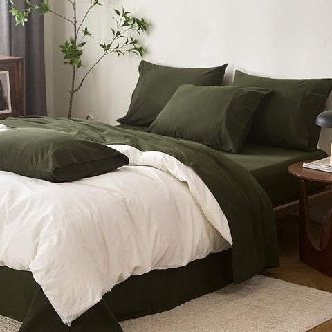 100% Cotton 6-Piece Queen Size 102" x 90" Bedding Set - Fitted Sheet, Flat Sheet & 4 Pillowcases with 17" Deep Pocket,Soft Breathable Bed Sheets for Cozy Sleep,Olive Green