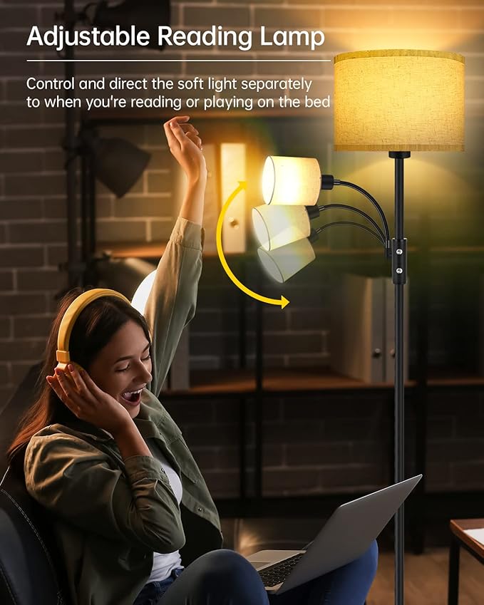 Floor Lamps for Living Room, Modern Floor Lamp with Reading Lamp(9W, 4W), 3 Color Temperature LED Bulbs, 62" Tall Standing Lamp, Beige Lampshades, Simple Pole Lamps for Bedroom/Office/Kids Room/Den