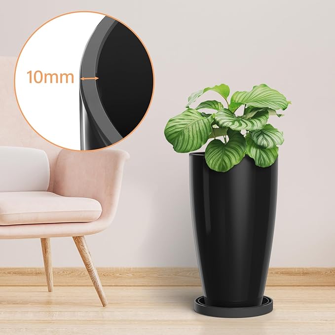 ZMTECH 21 Inch Tall Plant Pots for Indoor & Outdoor Use Set of 2, Large Plastic Planters with Removable Tray for Outside with Drainage Holes for Front Porch Patio Garden, Glossy Black