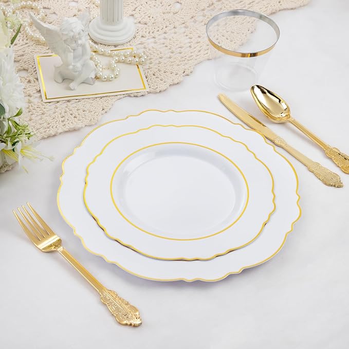 Liacere 350PCS Gold Plastic Plates-Disposable White and Gold Plates 50guest Baroque Plastic Dinnerware include 100Plates, 50Pack Pre Rolled Napkins with Silverware 50Cups for Wedding&Fall Decor