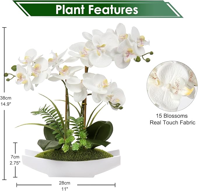 Briful Orchids Artificial Flowers 15" Large Fake Orchid White Phalaenopsis Orchid Flower Arrangements with Vase Faux Orchid for Home Living Room Table Centerpiece Office Table Decor