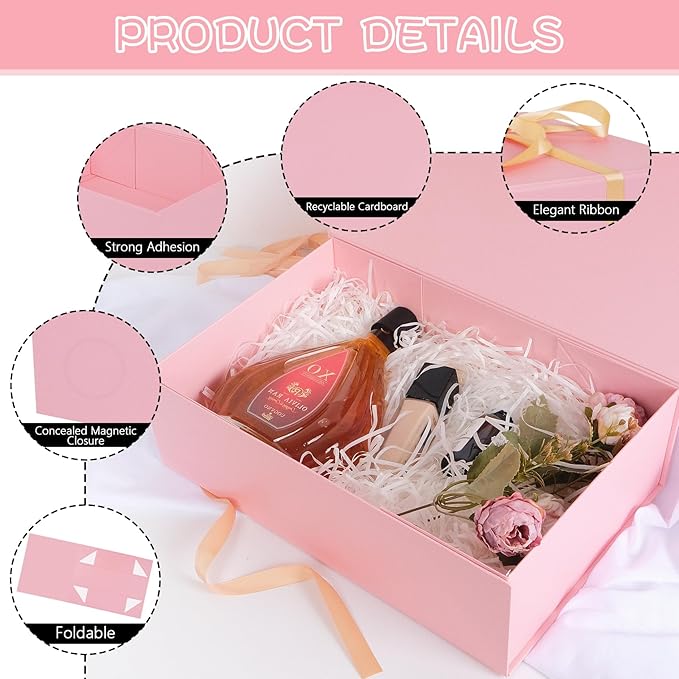RayofSun Pink Gift Box,13.8" x 9" x 4.3" Large Groomsmen Proposal Box with Magnetic Closure Lid and Ribbon for Anniversary Wedding Birthday Graduation Festivals (3 Pack)