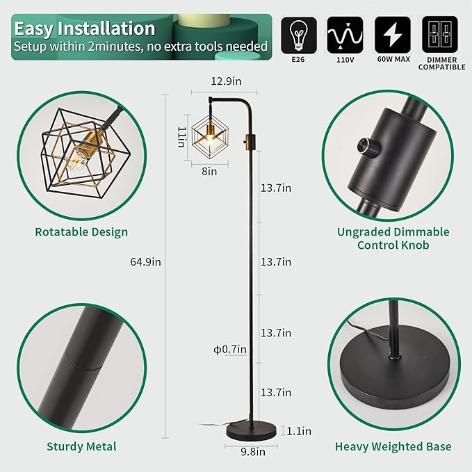Dimmable Farmhouse Floor Lamp for Living Room, 1 Light Rustic Standing Tall Lamp, Modern Bright Floor Lamp, Industrial Standing Lamp for Bedroom, Tall Pole Lamps Office, LED Bulbs Included.