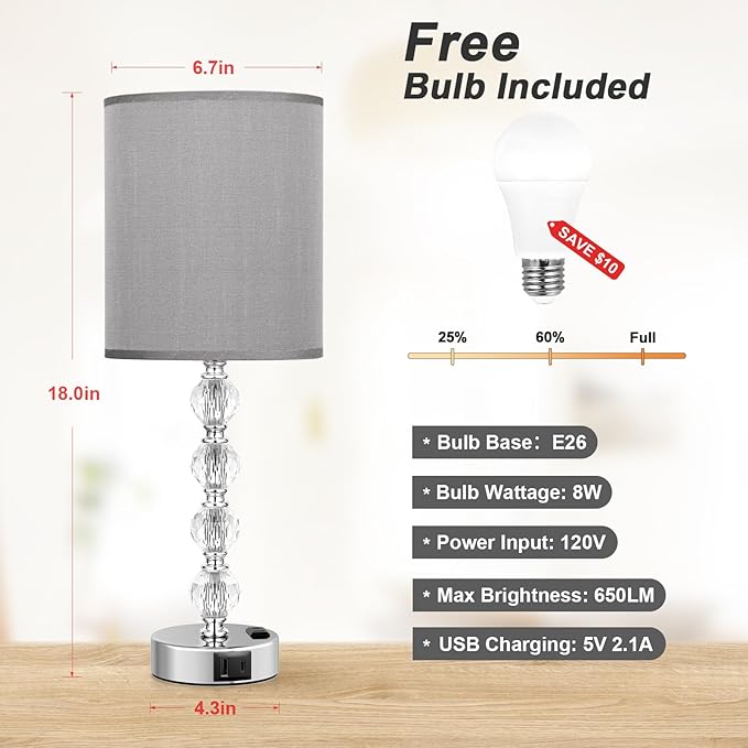 Touch Bedside Crystal Lamps for Bedrooms Nightstand with USB C+A Charging Port and AC Outlet White, 3 Way Dimmable Silver Large End Side Table Lamp for Living/Dinning Room/Kitchen/Bedroom