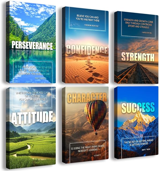 Inspirational Quotes Wall Art，Motivational Wall Art Decoration Painting, landscape Canvas Wall Art， Suitable for Library, Office， Living Room,Home Deco,Tabletop/Hanging,| 6-pack(38x 58 cm) framed 1