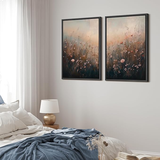 MUDECOR Framed Canvas Print Wall Art Forest and Lake Landscape Vintage Nature Scenery Illustrations Modern Art Decorative Bohemian Chic for Living Room, Bedroom, Office - 16"x24"x2 Black