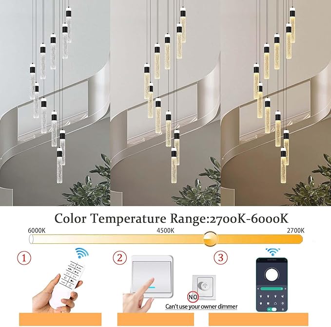 10-Light Black Modern Crystal Chandelier for Living Room Foyer Entrance 110" Long Bubble Crystal Chandelier for Loft High Ceiling Lighting Fixtures LED Lampara, 3000k-6000K