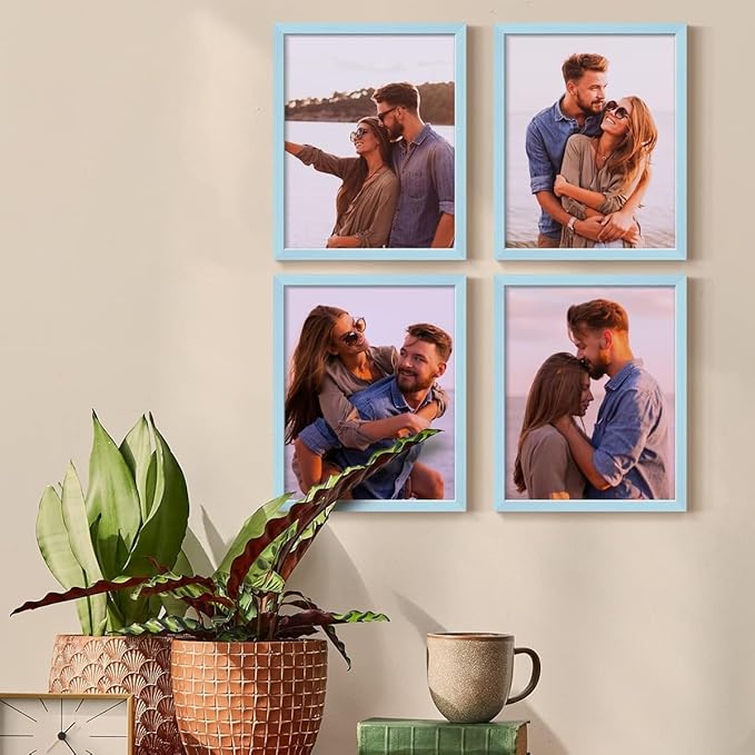 Renditions Gallery Set of 4, 8X10 Custom Photo Prints with Real Wood Picture Frames. Create Personalized Photos with Peel & Stick Photo Frames. Blue Frame