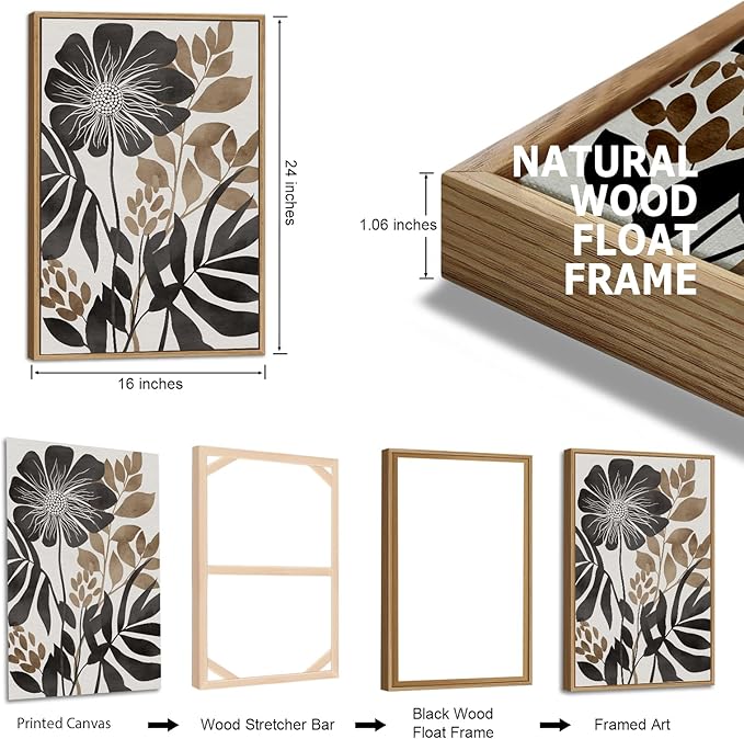 Large Framed Canvas Wall Art - Natural Float Framed Rustic Black Flowers Leaves Pictures Decor Brown Floral Foliage Artwork for Bedroom Living Room Kitchen Home Office Decoration 48" X 24" Set of 3