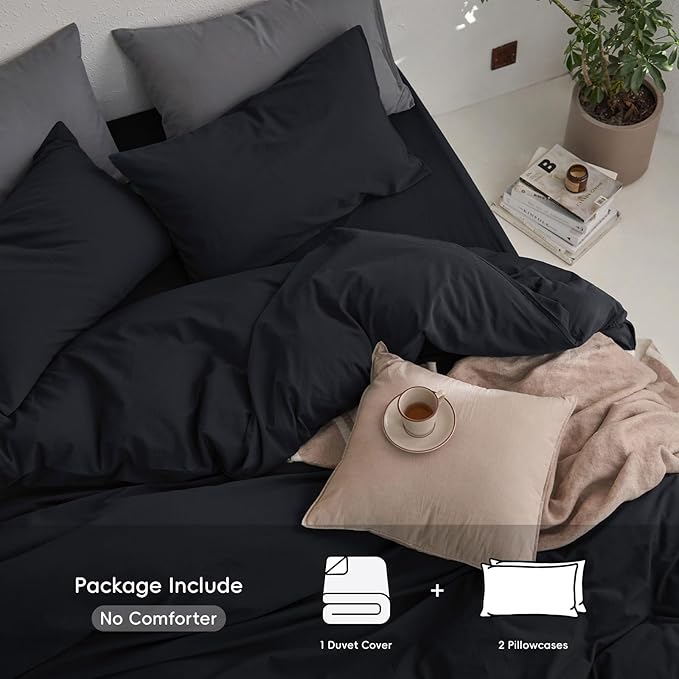 MooMee King Duvet Cover Set, 100% Washed Cotton Linen Like Twill Thick Sturdy Material Super Soft Breathable Durable Bedding for All Season, 3 Pieces (Black, King 104"x90")