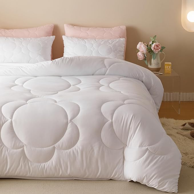 Luxlovery White Sunflower Comforter Set Cal King Women Bohemian White Bedding Set Boho Big Flowers Farmhouse Soft Elegant 3PCS Comforter Set California King