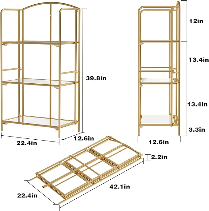 Crofy No Assembly Folding Bookshelf for Living Room, 3 Tier Gold Collapsible Book Shelf for Home Office, Portable Bookcase Storage Organizer