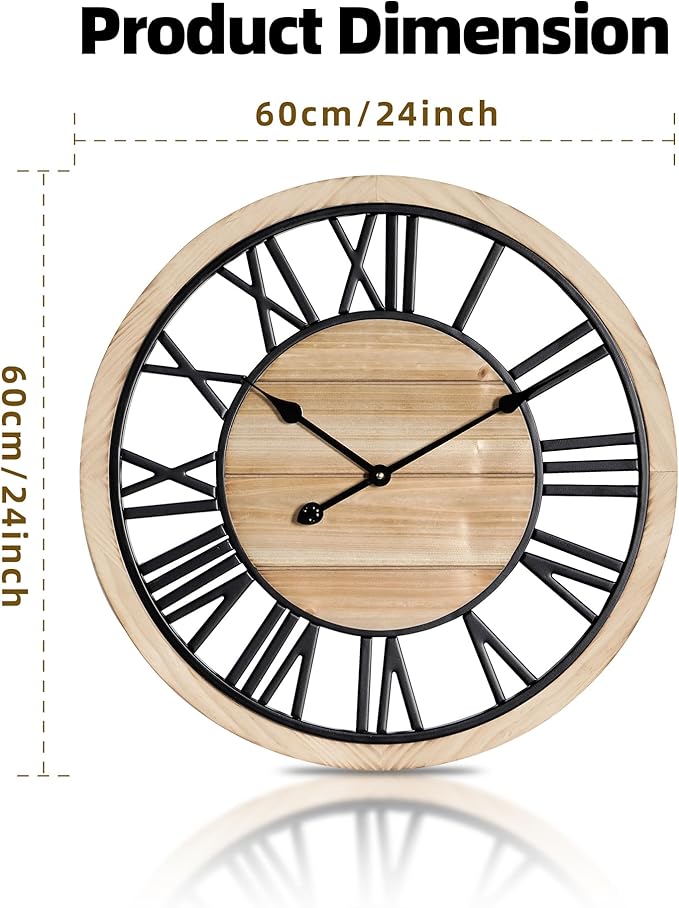 Maxstar 24'' Wall Clock for Living Room Decor, Ultra-Silent Rustic Wooden Farmhouse Wall Clock with Metal & Real Wood Frame, Battery Operated, for Kitchen Bedroom Office, Roman Numerals