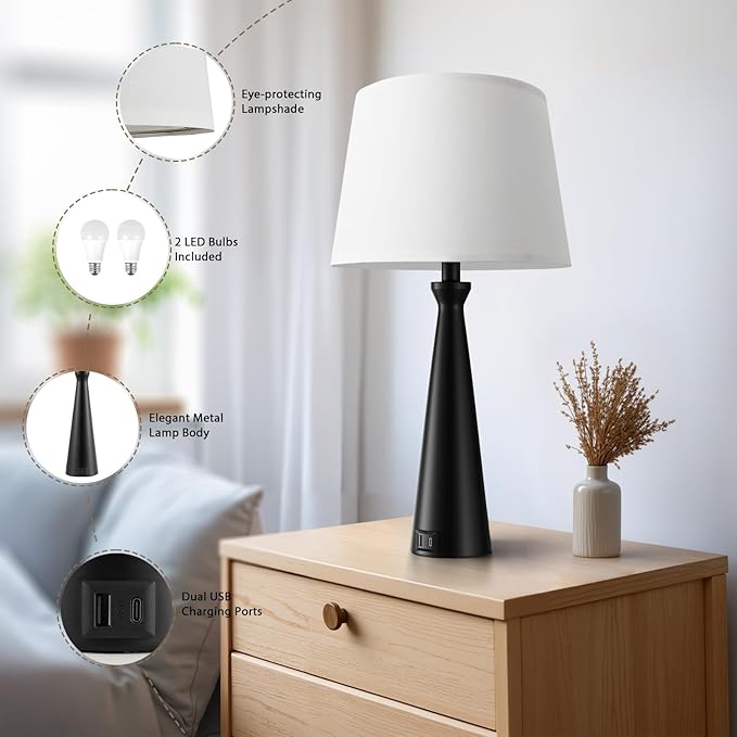 Seealle Single Modern Table Lamp - Touch Bedside Lamp for Nightstand with USB C+A,3-Way Dimmable Black Nightstand Lamp for Living Room Bedroom End Table(Bulb Included)