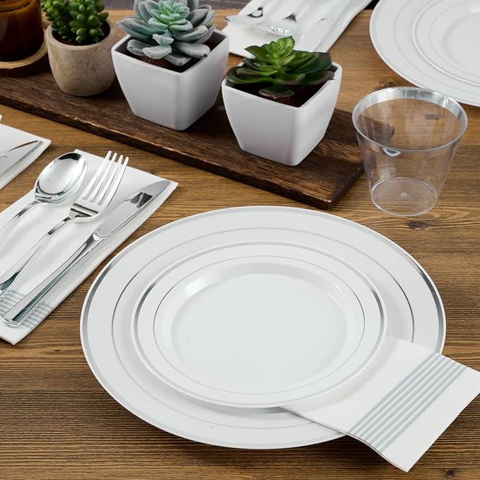 FOCUSLINE 600 Ct Silver Dinnerware Set for 100 Guests - Silver Rimmed White Disposable Plastic Plates, Includes 100 Dinner & Salad Plates, Cups, Cutlery Set for Wedding Parties