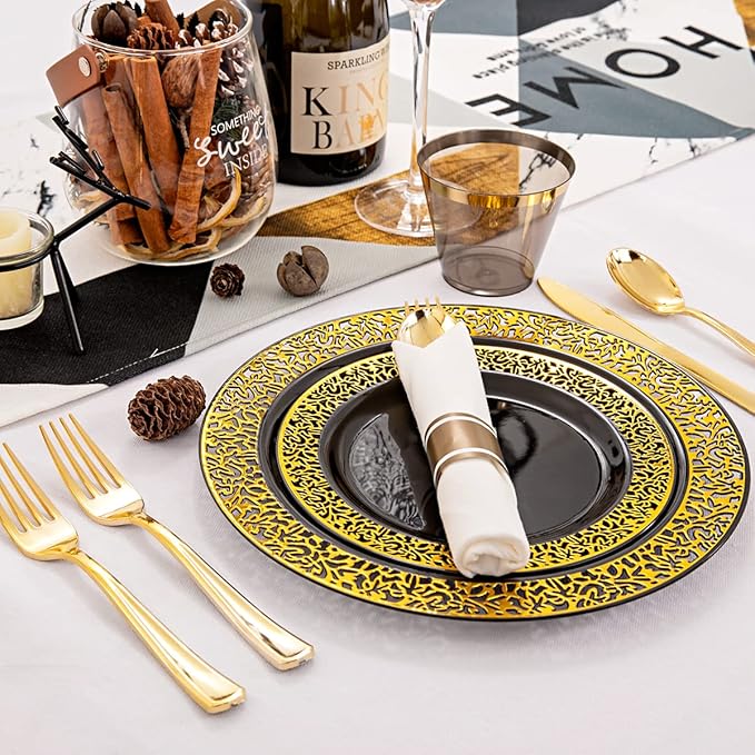 NOCCUR 210pcs Black and Gold Dinnerware Set - Black Disposable Plates and Napkins Party Supplies Include 60 Dinner/Dessert Plates, 30 Prerolled Plastic Cutlery&30 Cups for Party, Birthday, Halloween
