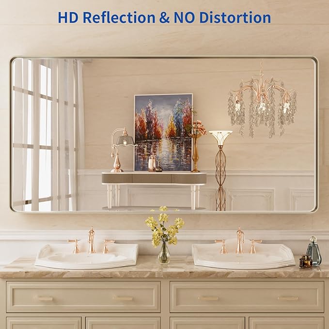 WEER 60X30 Inch Brushed Nickel Bathroom Mirror, Brushed Silver Metal Frame Mirror, Rounded Rectangle Silver Bathroom Vanity Mirror, Tempered Glass, Anti-Rust, Hangs Horizontally or Vertically