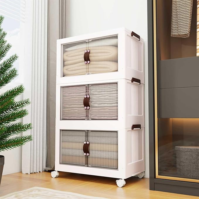 Luxdecor 185Qt Storage Bins With Lids-Stackable Plastic Storage Bins on Wheels, Closet Organizers and Storage,Collapsible Storage Cabinet with Doors for Home Office Garage Under Stairs,3 Tier White