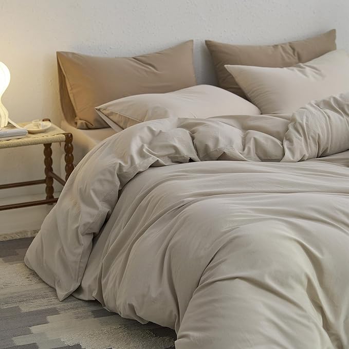 MooMee Super Queen Duvet Cover Set, 100% Washed Cotton Linen Like Twill Thick Sturdy Material Super Soft Breathable Durable Bedding for All Season, 3 Pieces (Cream Grey, Super Queen 90"x98")