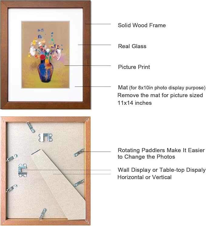 11x14 Picture Frame Set of 2 Made of Solid Wood with Real Glass for Pictures 8x10 with Mat or 11x14 Without Mat, Wall Mount or Tabletop Gallery Photo Frames, Brown