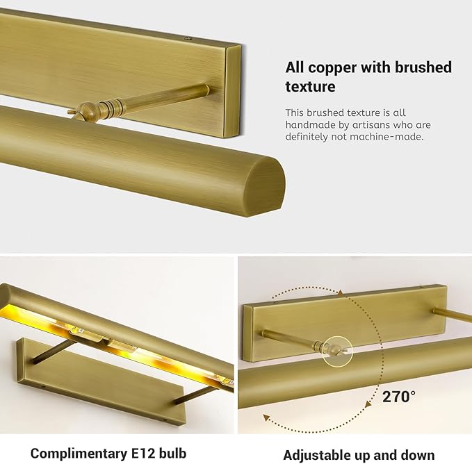 Brass Picture Light, 30inch Picture Lights for Wall, Hardwired Wall Lights for Picture, Large Wall Picture Light, Dimmable Picture Lights, Art Light for Painting Display Artwork Portrait