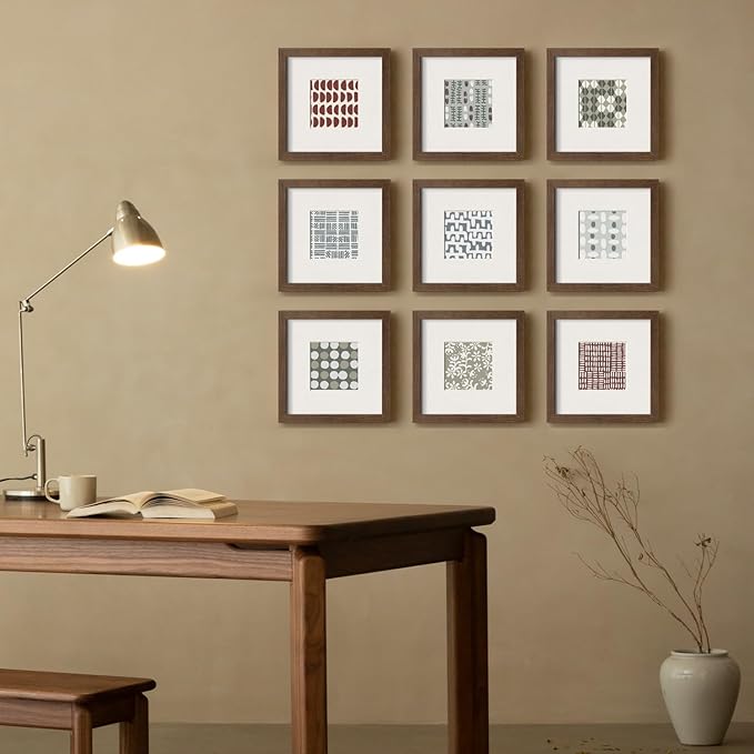 Yaetm Square 8x8 Picture Frame – Brown Walnut, Rustic Solid Wood Frame 8x8 with Tempered Real Glass, Display 4x4 Photo with Mat or 8 x 8 Art Print without Mat, Wall Mount (Single, Walnut)