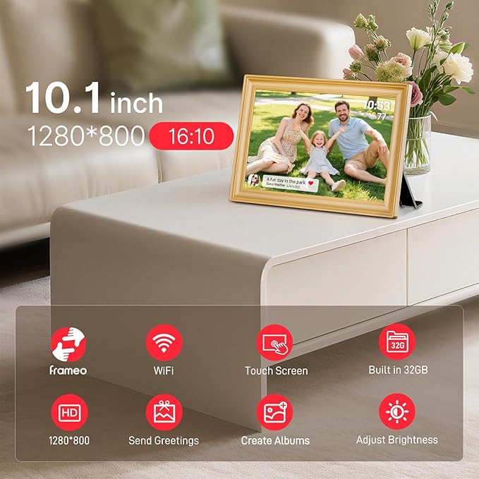 Frameo 10.1 Inch WiFi Digital Picture Frame, 1280x800 HD IPS Touch Screen Photo Frame Electronic, 32GB Storage, Auto-Rotate, Wall Mounted, Share Photos/Videos Instantly from Anywhere - Gold