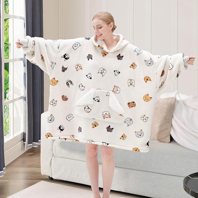 Touchat Wearable Blanket Hoodie, Oversized Sherpa Blanket Sweatshirt for Women with Hood Pocket and Sleeves, Super Soft Warm Plush Hooded Blanket for Adult One Size Fits All (Animal)