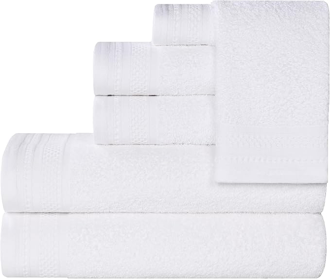 Superior Honeycomb Cotton Medium Weight Towels, for Guest Bath, Master Bathroom, Shower, Quick Dry, Adults, Home Essentials, Textured Waffle Border, Assorted Towel Set, 6 Piece Towel Set, White