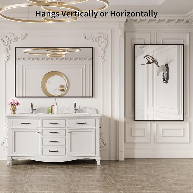 LOAAO 40"X30" Black Rectangle Bathroom Mirror Wall, Matte Black Aluminum Alloy Frame, Tempered Glass, Hangs Vertically or Horizontally, Easy to Install