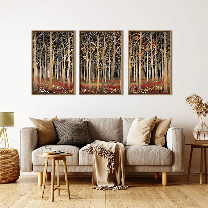 Large Modern Autumn Birch Trees Framed Canvas Wall Art,Boho Aspen Trees Wall Decor,Mid Century Fall Forest Artwork,Natural Midnight Wilderness Art Print for Living Room,Bedroom,Office-24"x36"x3