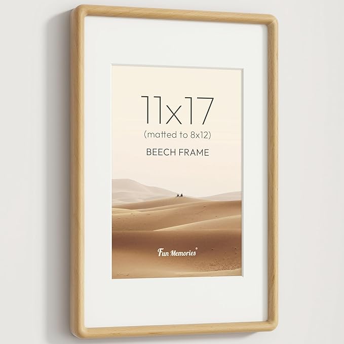 11x17 Picture Frame, Solid Beech Wood Frame with Real Glass, Hard Wood 11 by 17 Photo Frame for Wall & Tabletop Display, 11x17 Picture Frame Matted to 8x12, Natural Beech Color