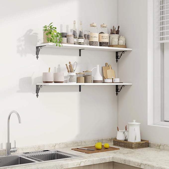 Fun Memories 40 Inch Floating Shelves Wall Mounted, 8 Inch Deep Wall Shelves with Bracket, Rustic Hanging Bookshelf, 40" Bookshelves for for Living Room, Kitchen and Bedroom, White, Set of 2