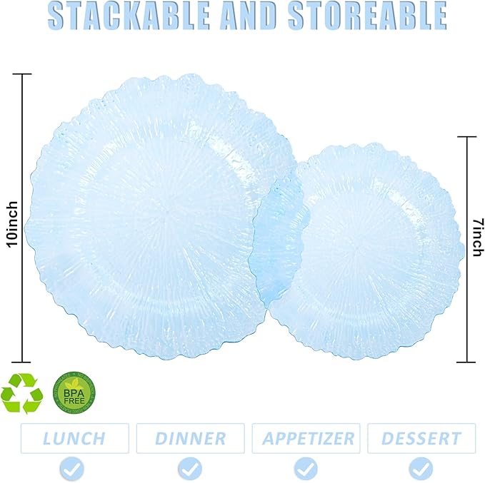 U-QE 60PCS Clear Blue Plates - Blue Plastic Plates Disposable&Reusable - Heavy Duty Plastic Plates for Party&Wedding Including 30 Dinner Plates 10.25" & 30 Appetizer Plates 7"