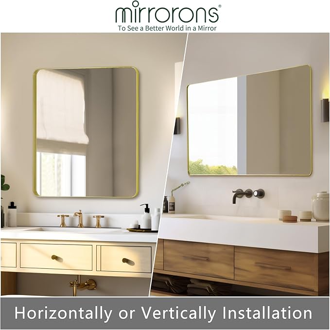 Mirrorons Gold Bathroom Mirror 36 x 30 Inch, Gold Wall Mirror, Bathroom Vanity Mirror with Rounded Corner, Shatterproof (Horizontal/Vertical)