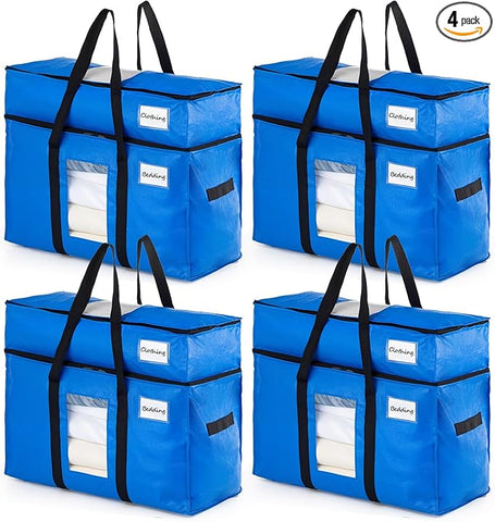 TAILI 2 Tier Extra Large Moving Bags, 4 Pack Blue Heavy Duty Totes For Storage with Visible Window, Wrap Around Handles, Storage Bags for Space Saving, Alternative to Moving Boxes