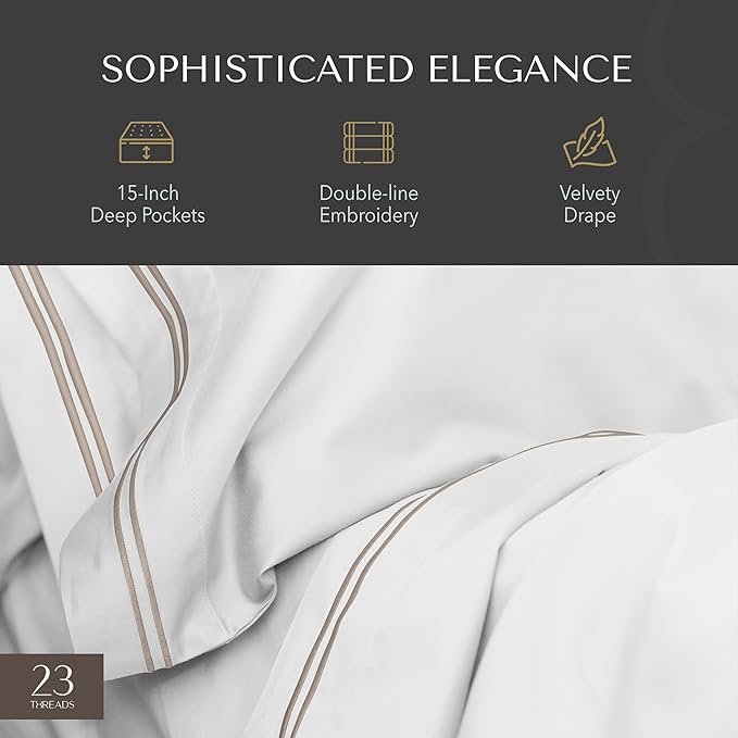 23 THREADS Z101 Series 100% Cotton Bed Sheets and Pillowcases Set, 15 Inch Deep Pocket, Luxury Sustainable Bedding Linen, King, White