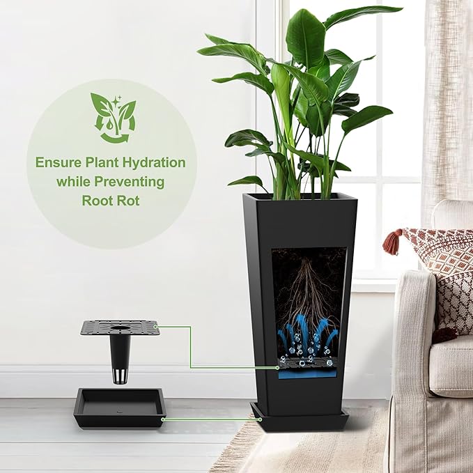 Elevens Set of 2 Tall Outdoor Planters 24 Inch, Large Planters for Indoor Outdoor Plants, Tapered Square Flower Pots with Tray for Patio,Black