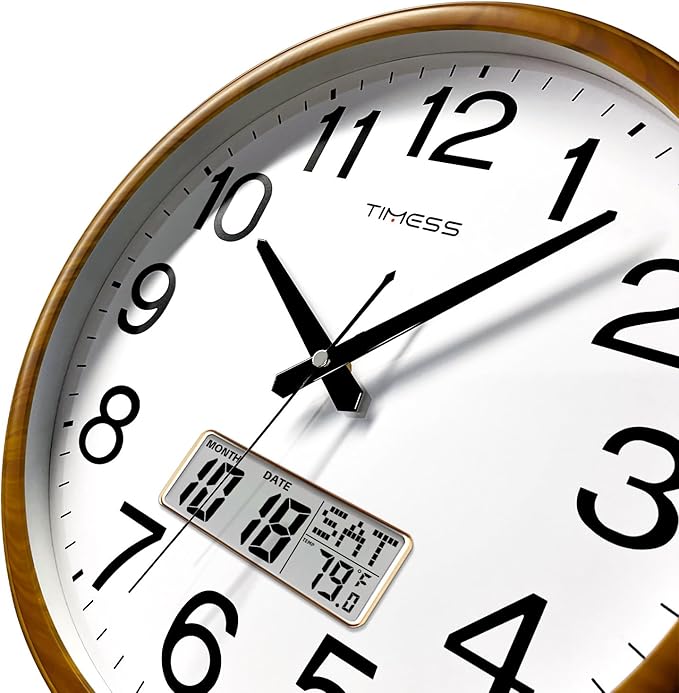 Wall Clock, Classic Wood Style Finish, 13 Inch Non-Ticking Silent Battery Operated Quartz Analog with Perpetual Calendar and F° Temperature Display, Home, Office Décor (Chestnut Yellow)