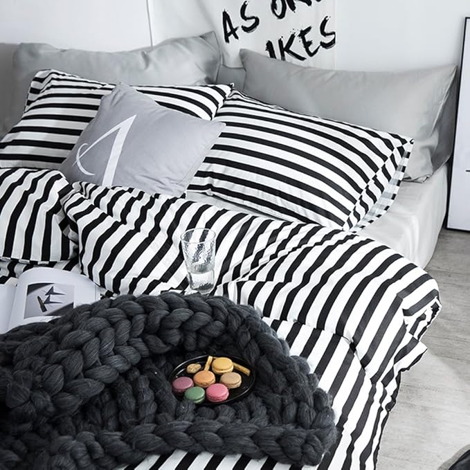 CLOTHKNOW Striped Twin/Twin XL Comforter Sets 3Pcs Black White Bedding Comforter Sets Farmhouse Comforter Soft Ticking Bedding with 2 Pillow Cases