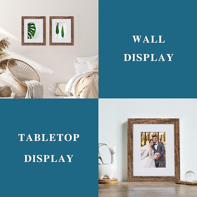 8x10 Picture Frame Set of 2, Made of Real Glass and Rustic Brown Wooden Frame - Display Picture 5x7 with Mat or 8x10 Without Mat, 8 by 10 Photo for Wall or Tabletop