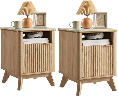 QUW Fluted Nightstand Set of 2 with Charging Station, Bedside Table with Open Storage and Cabinet, 18" Modern Side Table, End Table for Bedroom, Living Room, Natural Oak