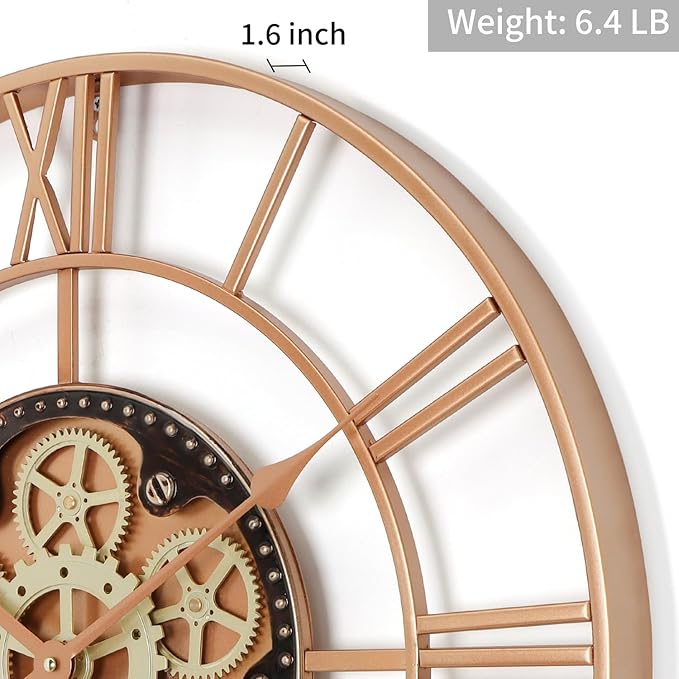 24 Inch Large Wall Clocks for Living Room Decor with Moving Gears,Large Wall Clock Industrial Steampunk,Oversized Metal Analog Wall Clocks for Farmhouse Home Battery Operated