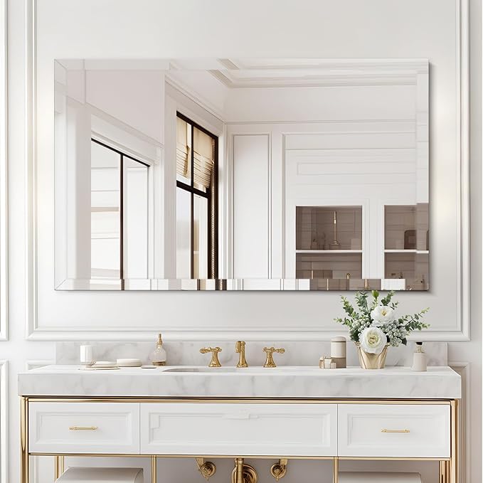 30x40 Inch Frameless Wall Mirror with 1" Beveled Edge, Frameless Rectangle Mirror for Bathroom, Vanity, Living Room