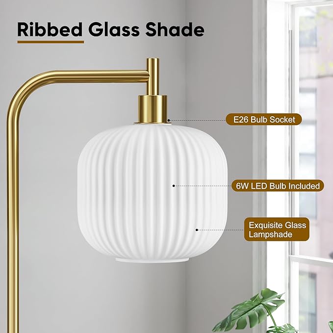 QiMH Glass Floor Lamp for Living Room, 67” Modern Standing Lamp with Cream Ribbed Glass Lampshade Pedal Switch Tall Lamp for Bedroom, Brushed Gold (2700K LED Bulb Included)