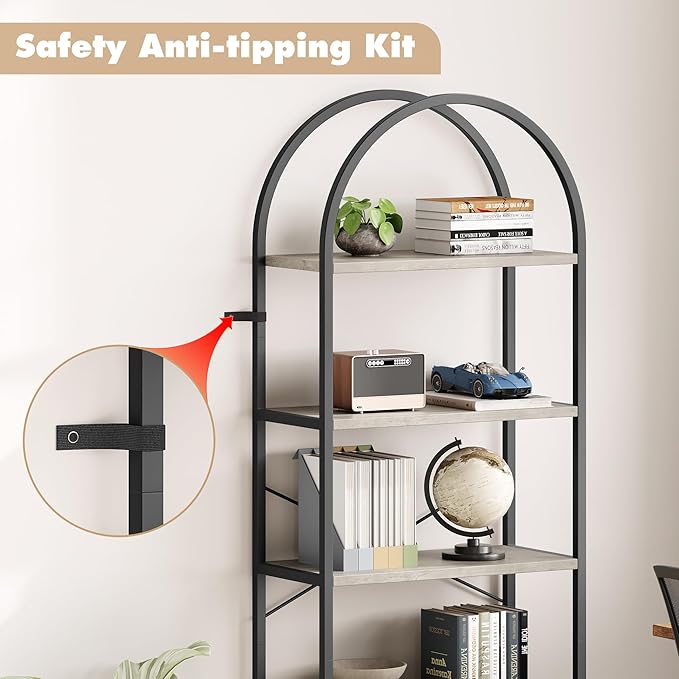 IDEALHOUSE Bookshelf 5 Tier Bookcase Arched Display Racks Tall Standing Bookshelves Metal Frame Farmhouse Storage Rack Shelf Grey Book Shelf for Bedroom, Living Room, Home Office