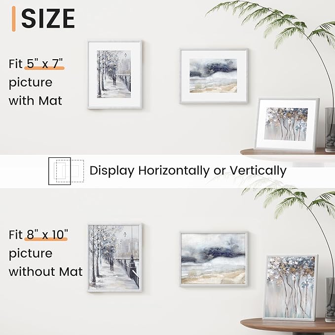 8x10 inch Metal Picture Frame - 8 x 10 Thin Aluminum Photo Frames with 5x7 Removable Mat - High Definition Plexiglass - Ideal for Wall or Tabletop Display - Wall Hook Hanging Hardware Included - Silver, Set of 4