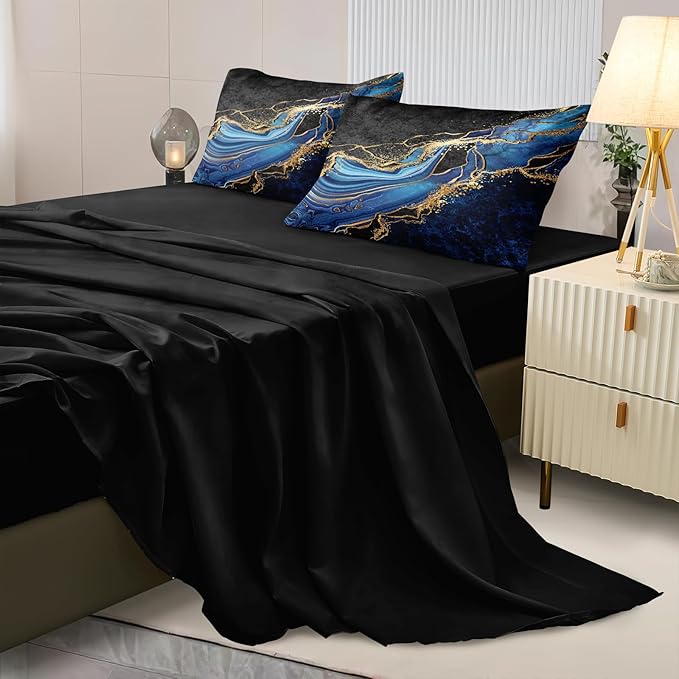 Blue and Gold Comforter Blue Marble Bedding Set 8 Pieces Full Bed in a Bag with 1 Black Gold Comforter, 1Flat Sheet, 1 Fitted Sheet, 4 Pillowcases, 1 Marble Cushion Cover