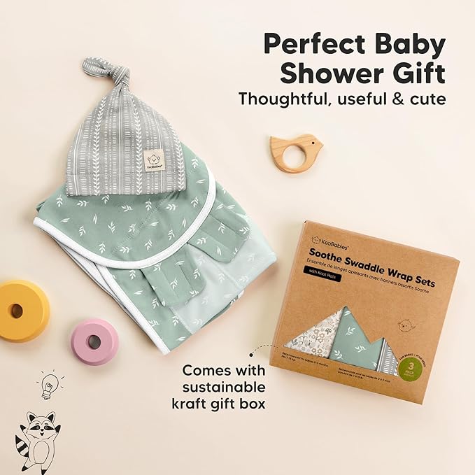 KeaBabies 3-Pack Swaddles for Newborns, Girls, Boys with Hats - Organic Soft Baby Sleep Sacks, Breathable Baby Swaddle 3-6 Months Beanies Set, Premie Infant Sleep Sack 0-3 Months (Prairie)